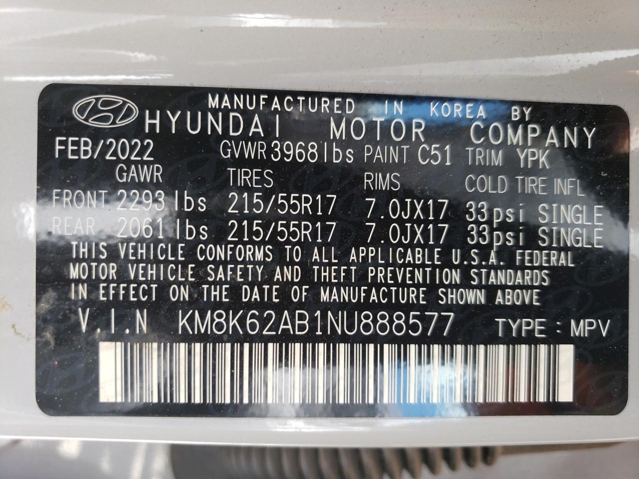 2022 Hyundai Kona Sel VIN: KM8K62AB1NU888577 Lot: 57397615