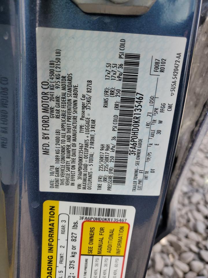 2019 Ford Fusion Se VIN: 3FA6P0HD0KR135467 Lot: 57524095