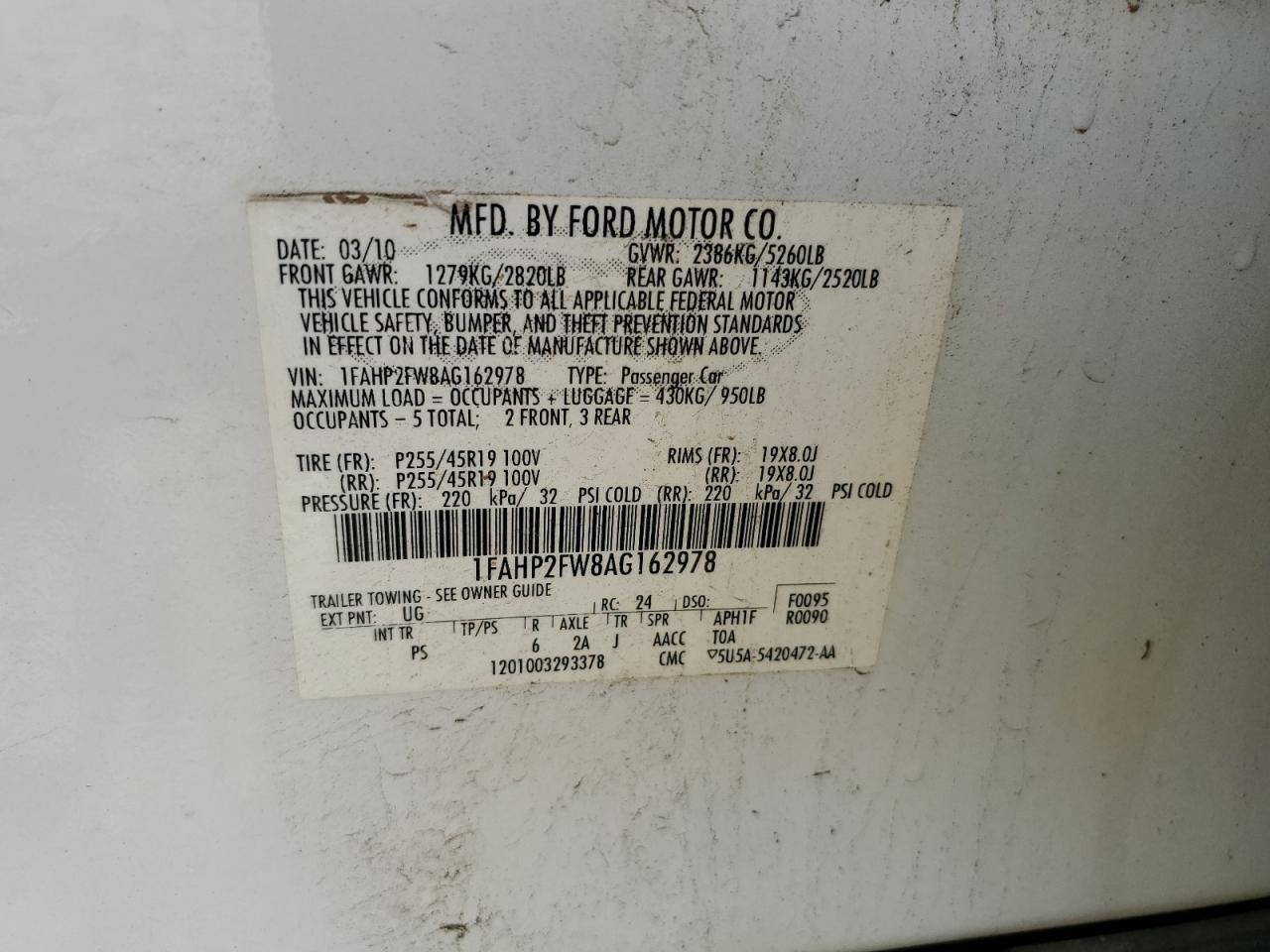 2010 Ford Taurus Limited VIN: 1FAHP2FW8AG162978 Lot: 57617625