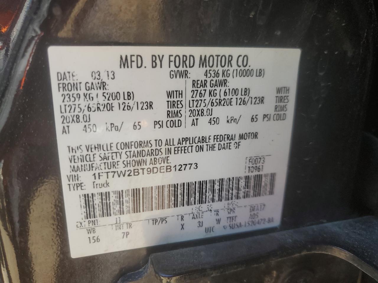 2013 Ford F250 Super Duty VIN: 1FT7W2BT9DEB12773 Lot: 55647055