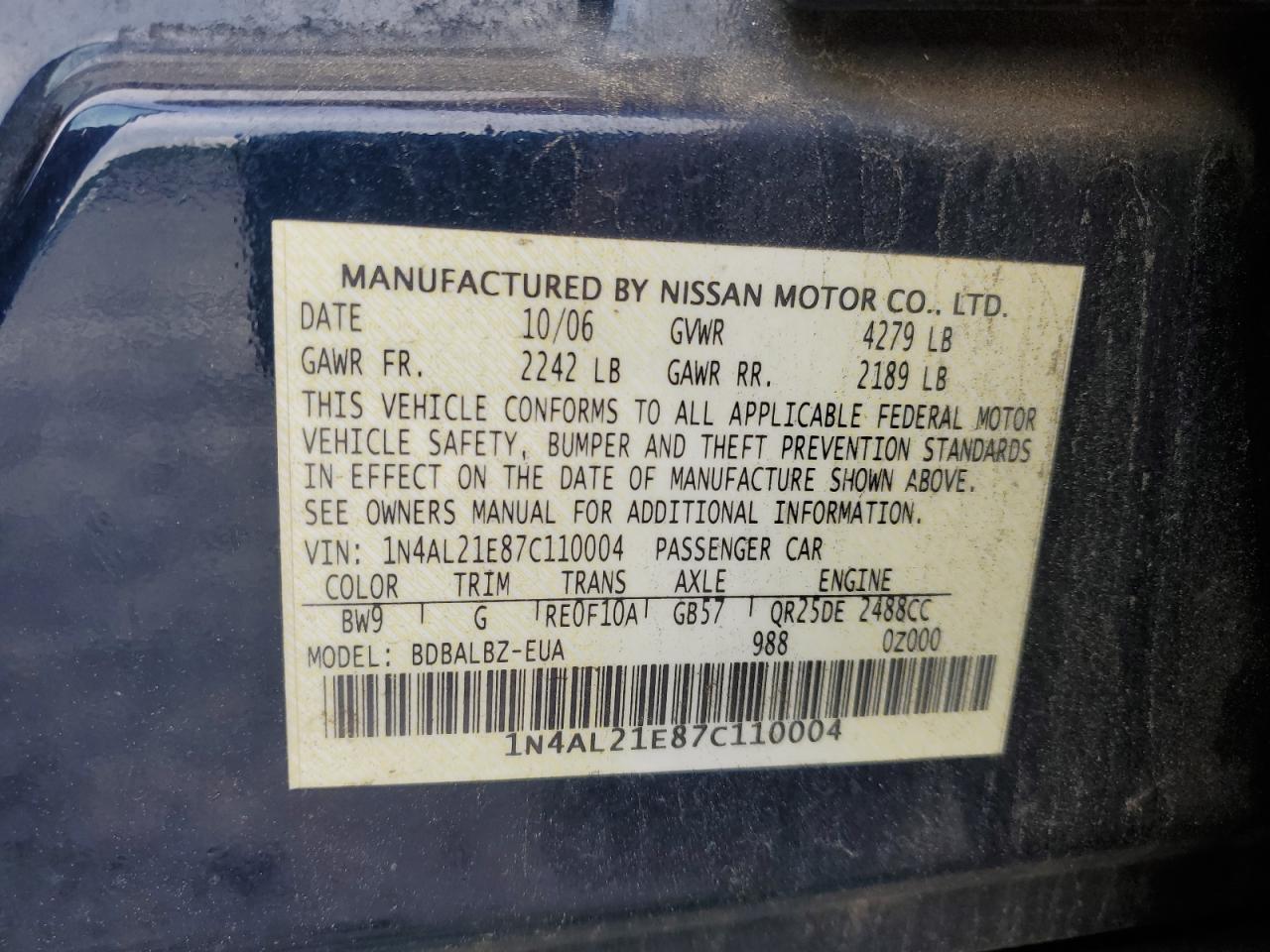 2007 Nissan Altima 2.5 VIN: 1N4AL21E87C110004 Lot: 56695065