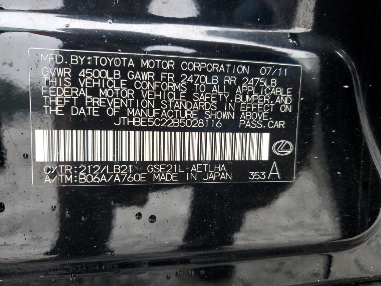 2011 Lexus Is 350 VIN: JTHBE5C22B5028116 Lot: 58629695
