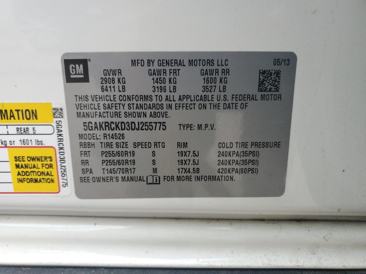 2013 Buick Enclave VIN: 5GAKRCKD3DJ255775 Lot: 56634855