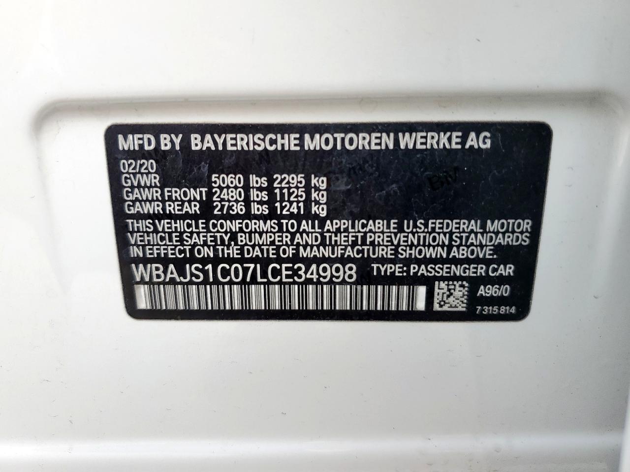 2020 BMW 540 I VIN: WBAJS1C07LCE34998 Lot: 57269565