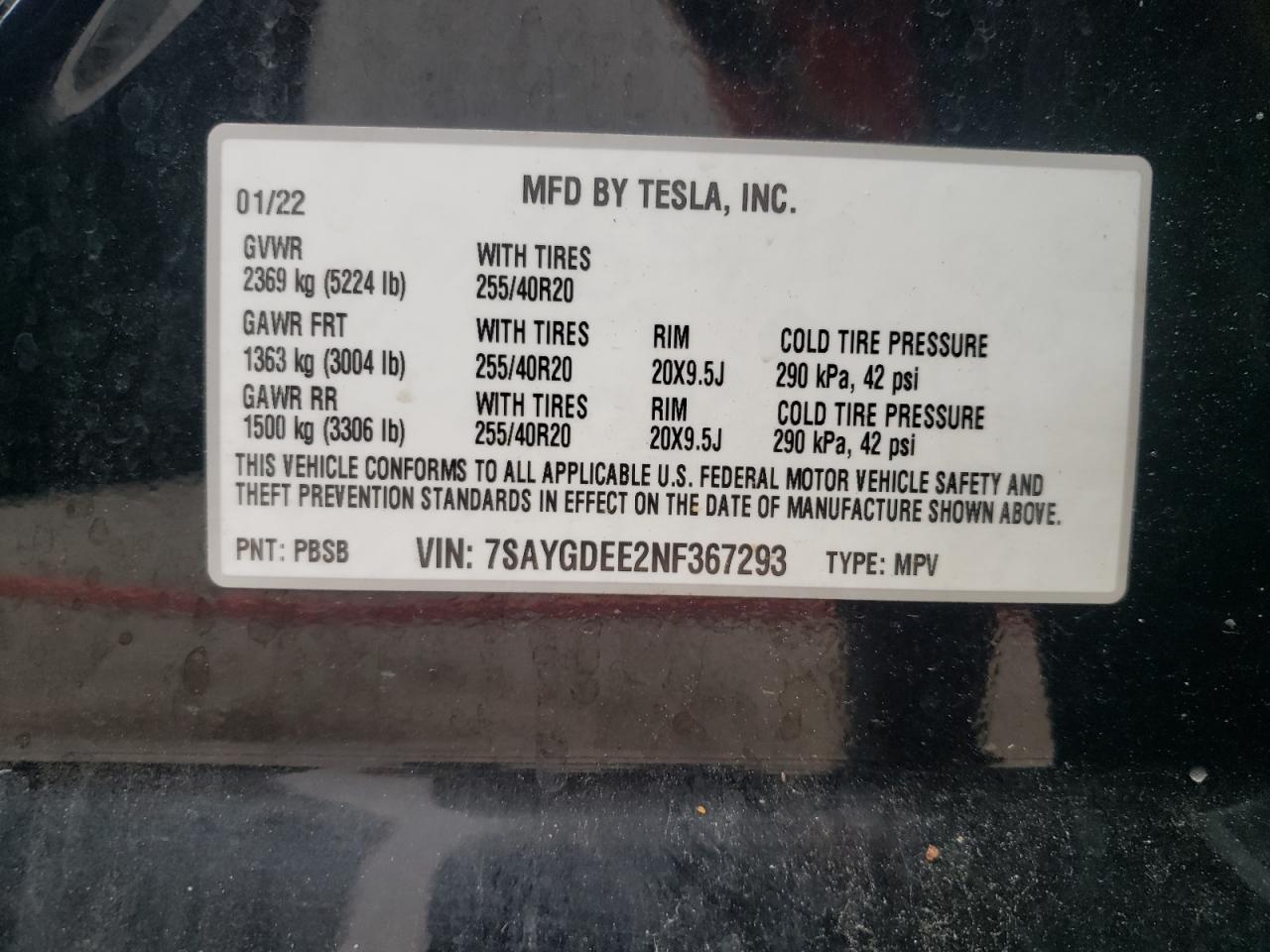 2022 Tesla Model Y VIN: 7SAYGDEE2NF367293 Lot: 57074685