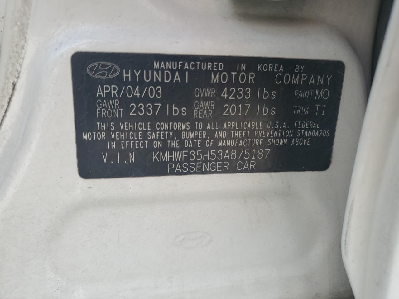 2003 Hyundai Sonata Gls VIN: KMHWF35H53A875187 Lot: 56355275