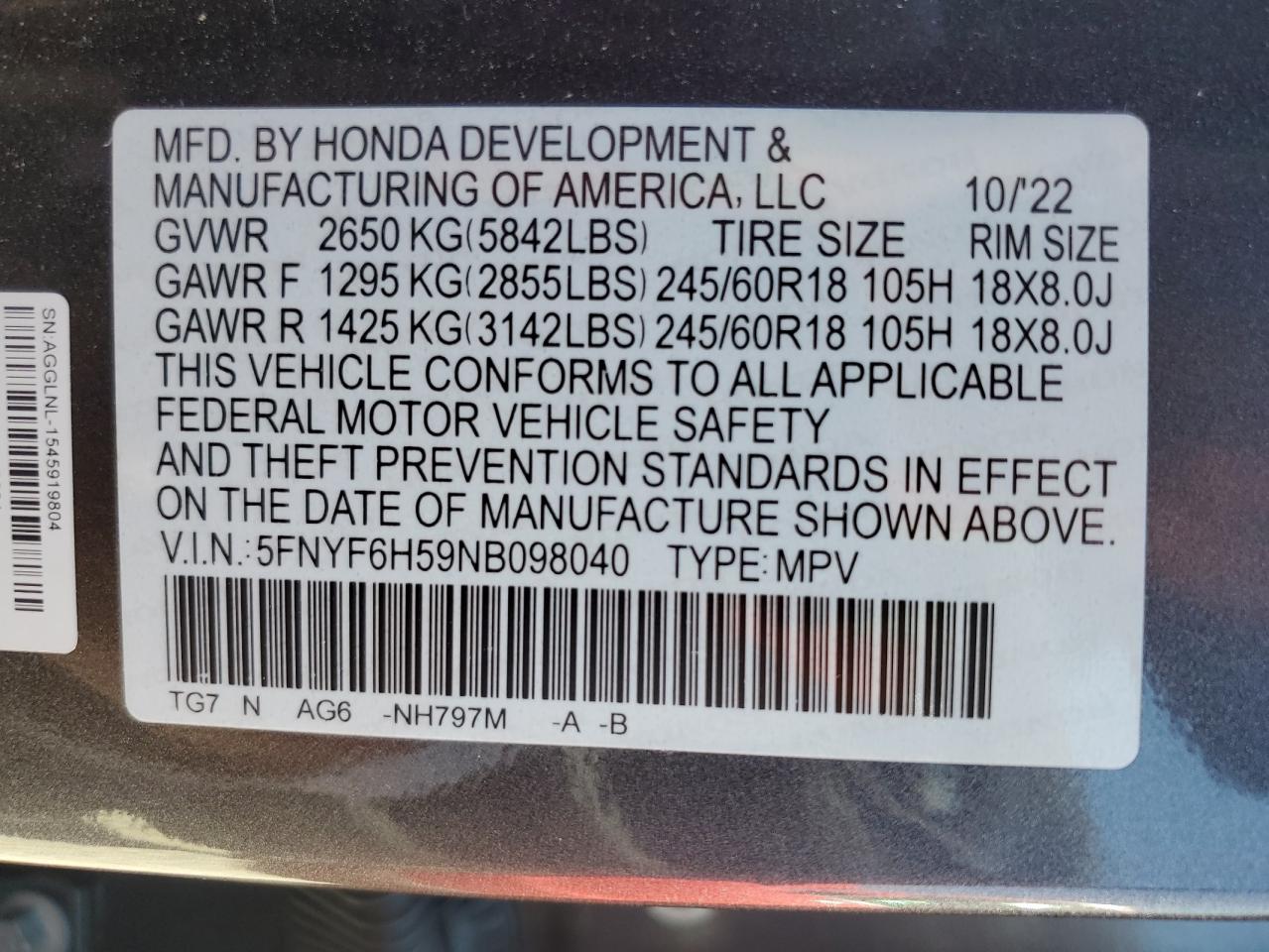 2022 Honda Pilot Exl VIN: 5FNYF6H59NB098040 Lot: 59179505