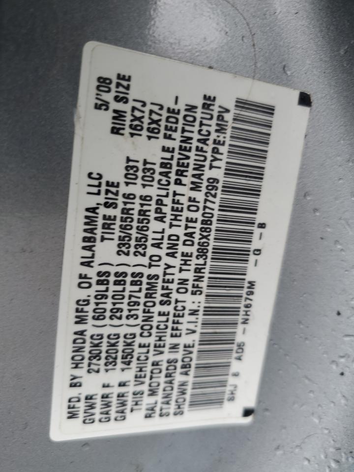 2008 Honda Odyssey Exl VIN: 5FNRL386X8B077299 Lot: 56836165