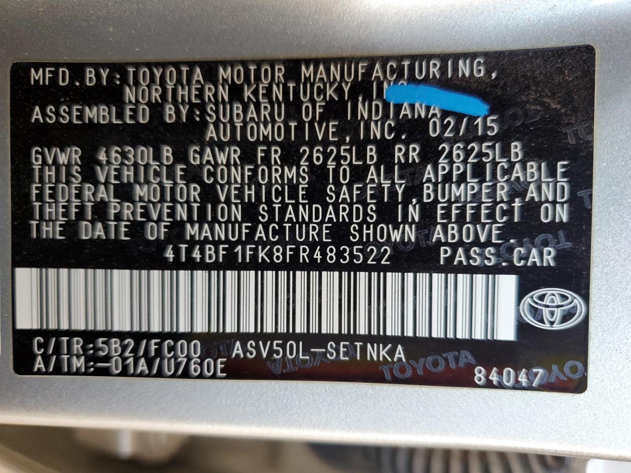 2015 Toyota Camry Le VIN: 4T4BF1FK8FR483522 Lot: 56401325