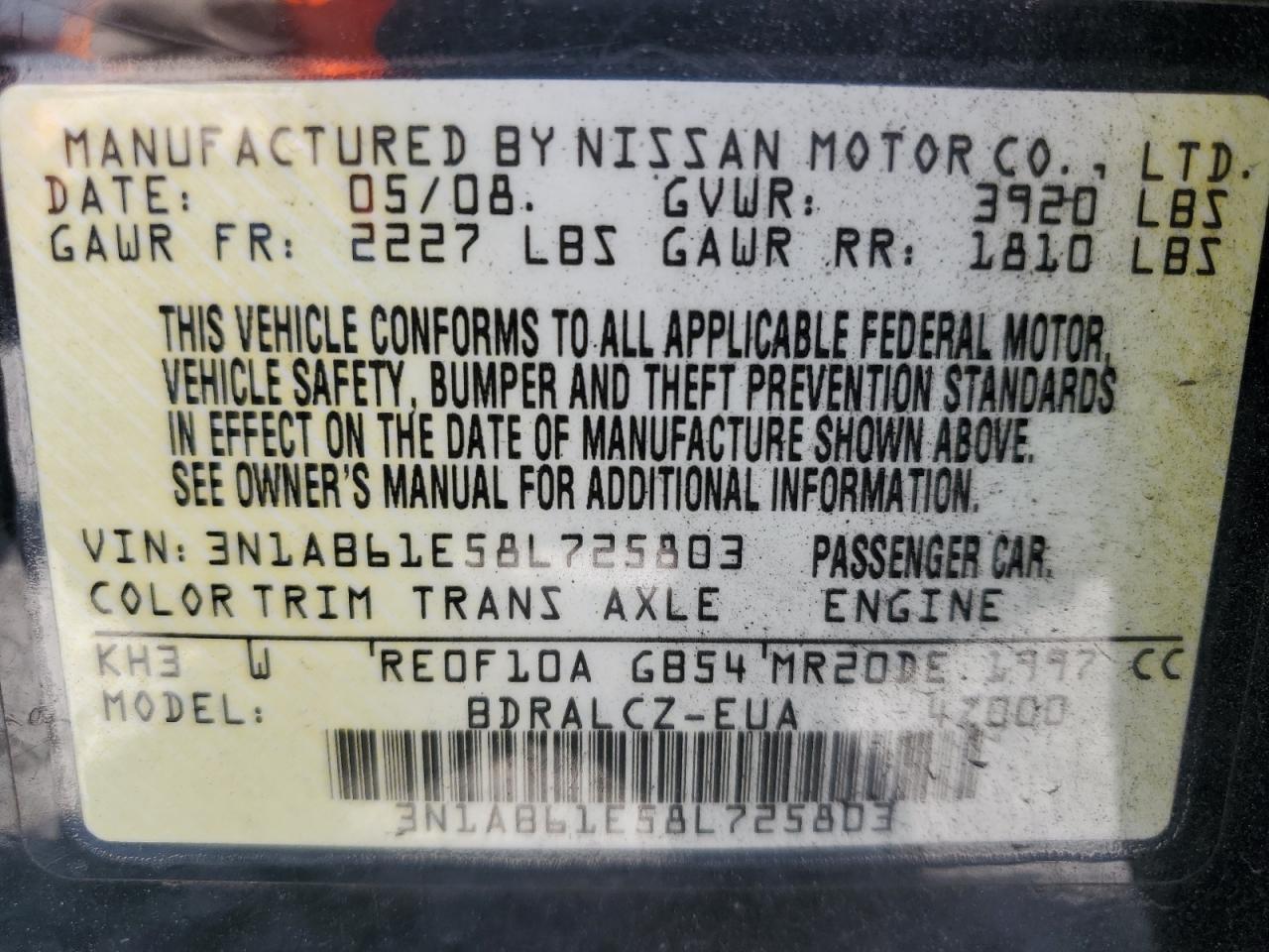 2008 Nissan Sentra 2.0 VIN: 3N1AB61E58L725803 Lot: 55982035