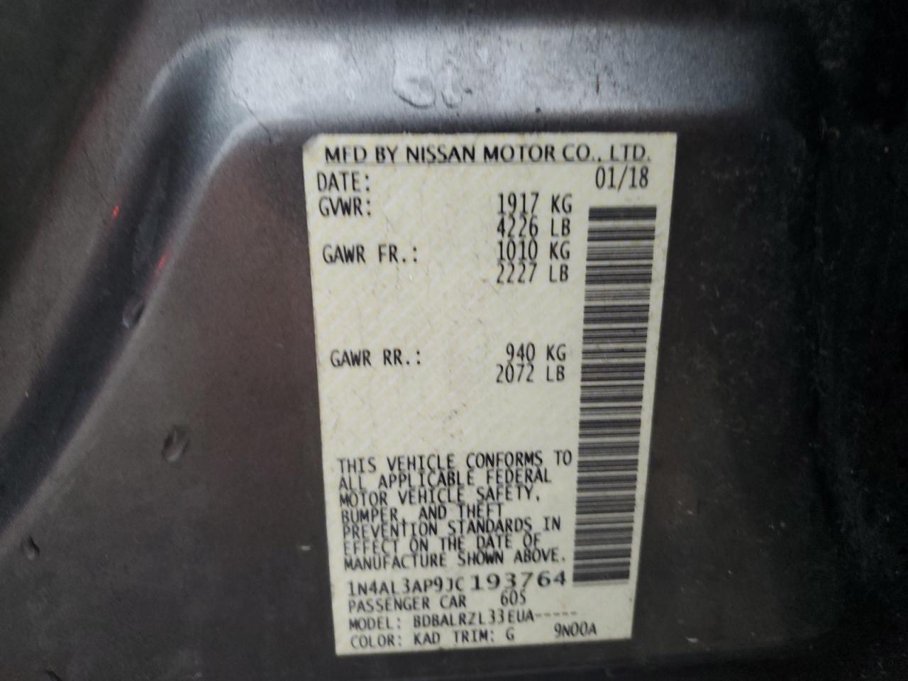 2020 Nissan Altima 2.5 VIN: 1N4AL3AP9JC193764 Lot: 57407985