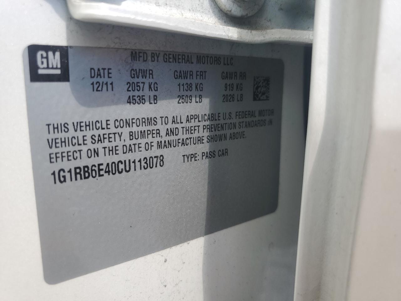 2012 Chevrolet Volt VIN: 1G1RB6E40CU113078 Lot: 56626915