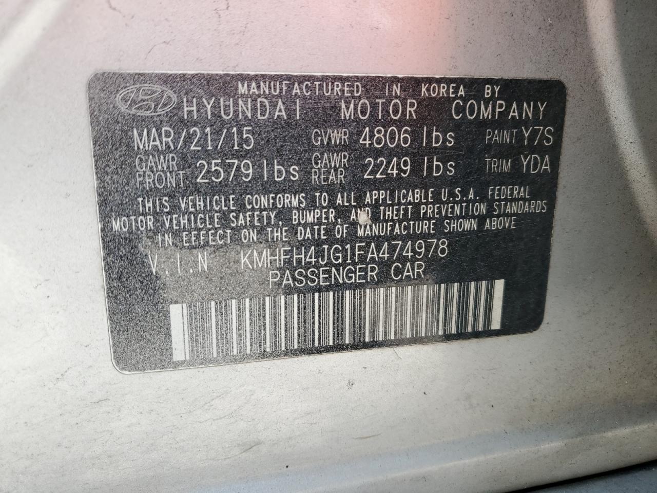 2015 Hyundai Azera Limited VIN: KMHFH4JG1FA474978 Lot: 57388475
