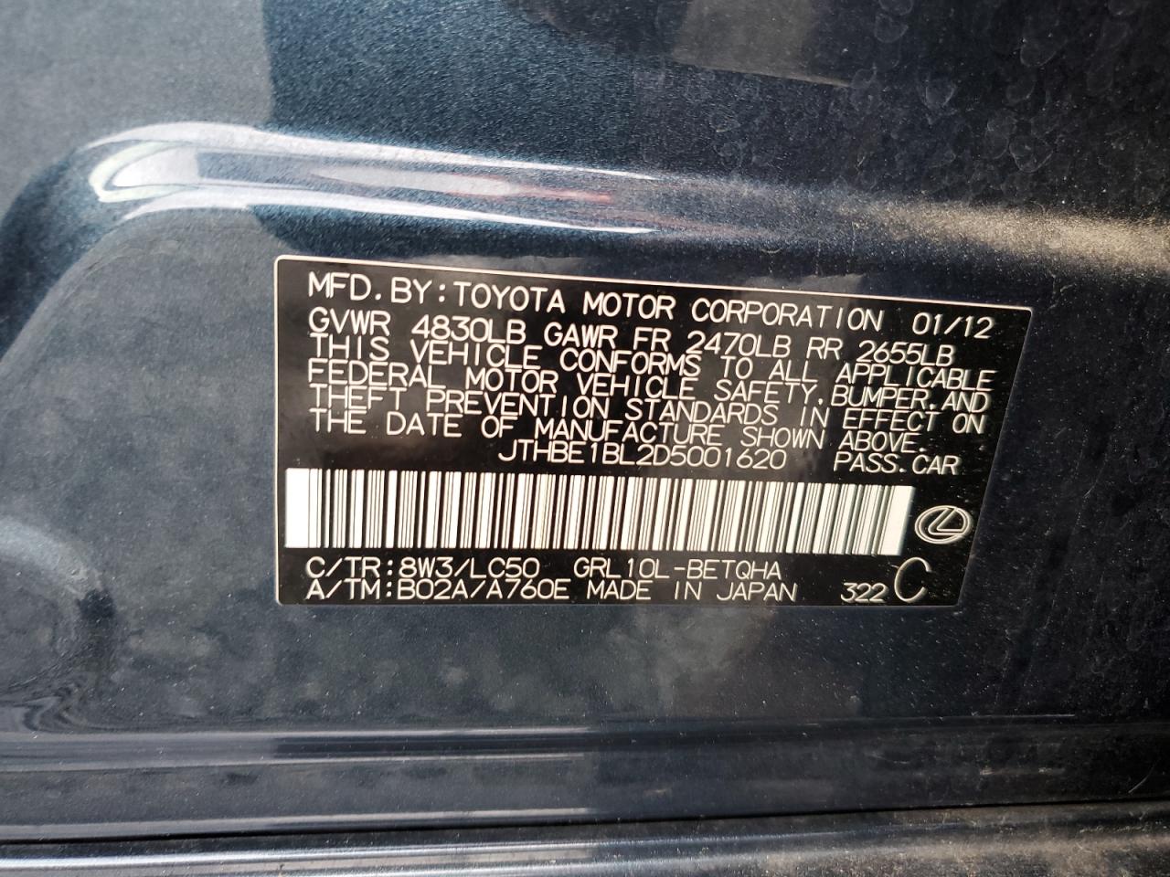 2013 Lexus Gs 350 VIN: JTHBE1BL2D5001620 Lot: 55921025