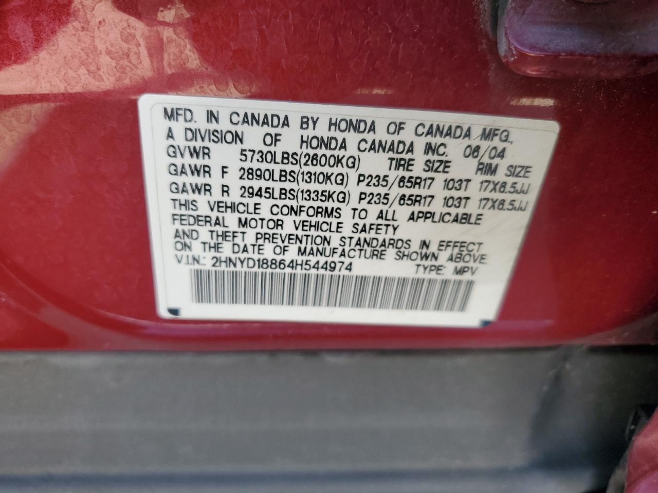 2004 Acura Mdx Touring VIN: 2HNYD18864H544974 Lot: 56404895