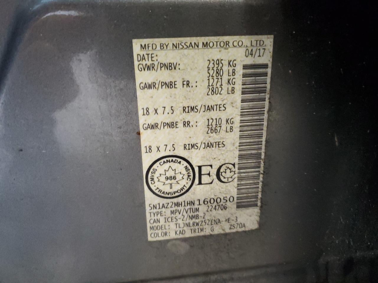 2017 Nissan Murano S VIN: 5N1AZ2MH1HN160050 Lot: 56877315