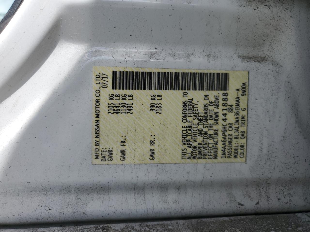 2017 Nissan Maxima 3.5S VIN: 1N4AA6AP6HC441888 Lot: 55482875