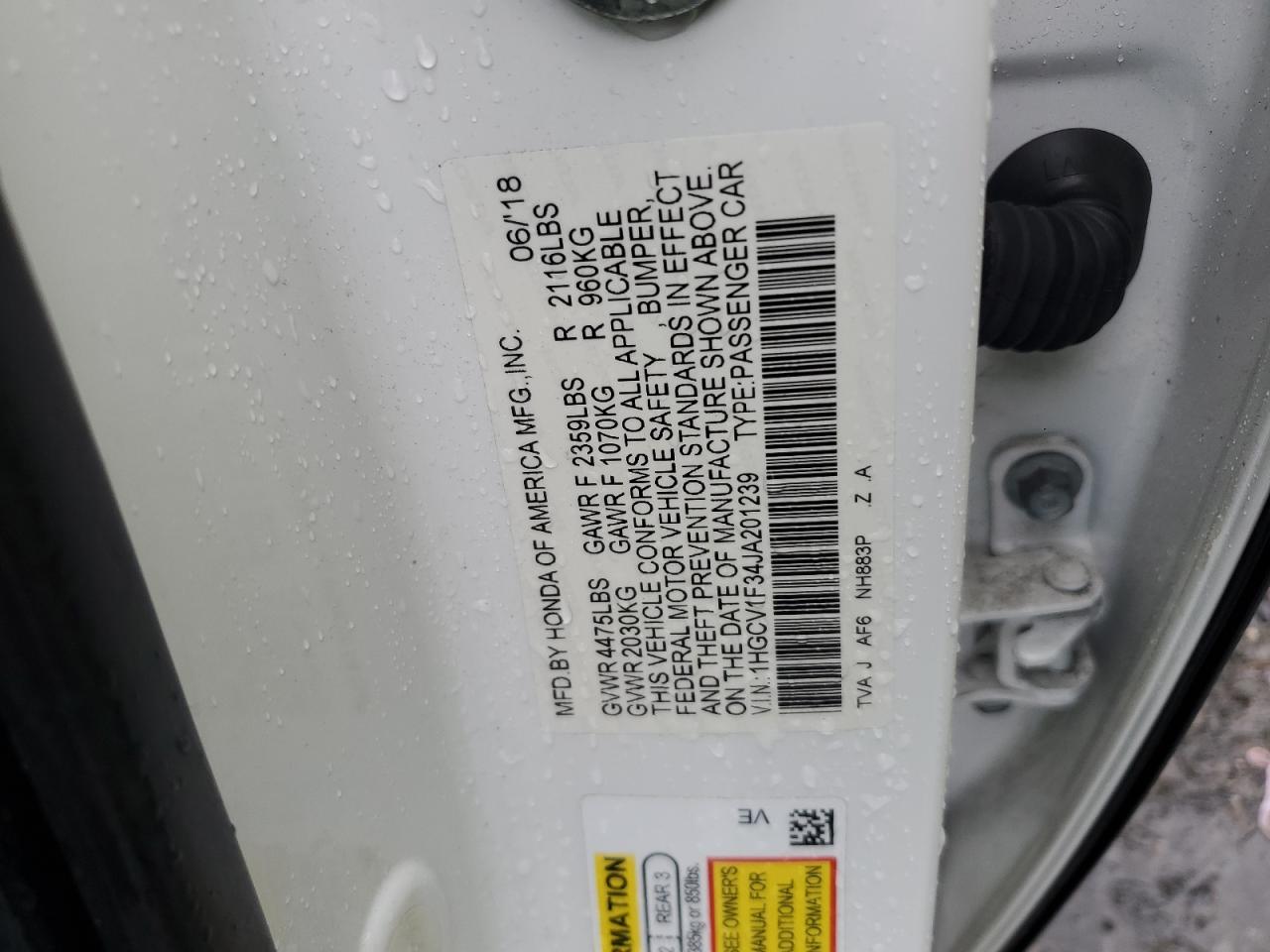 2018 Honda Accord Sport VIN: 1HGCV1F34JA201239 Lot: 56598275