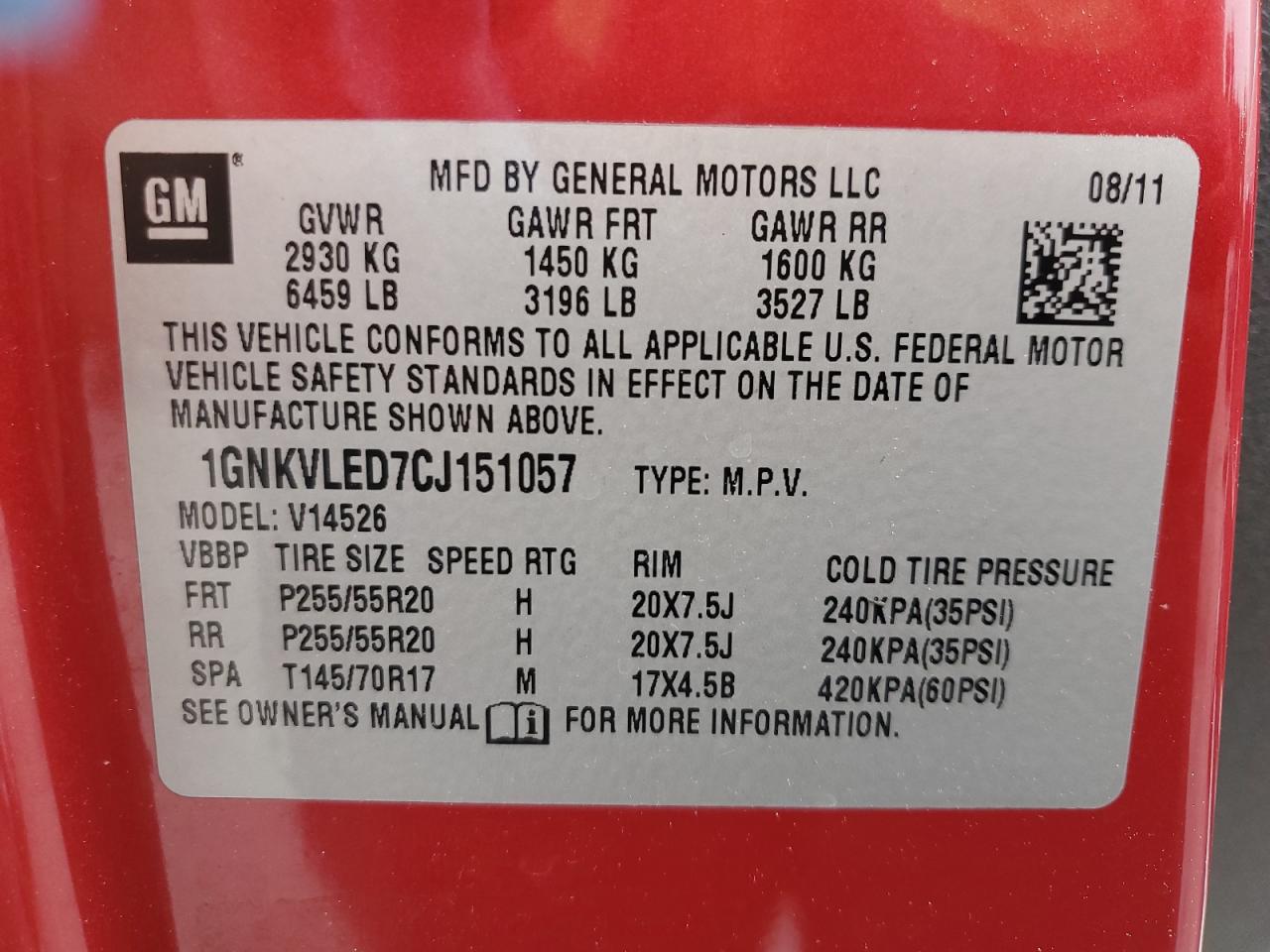 2012 Chevrolet Traverse Ltz VIN: 1GNKVLED7CJ151057 Lot: 57265185