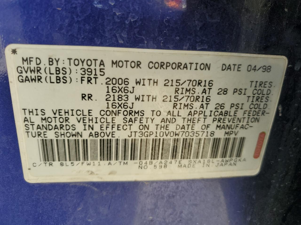 1998 Toyota Rav4 VIN: JT3GP10V0W7035718 Lot: 56223095