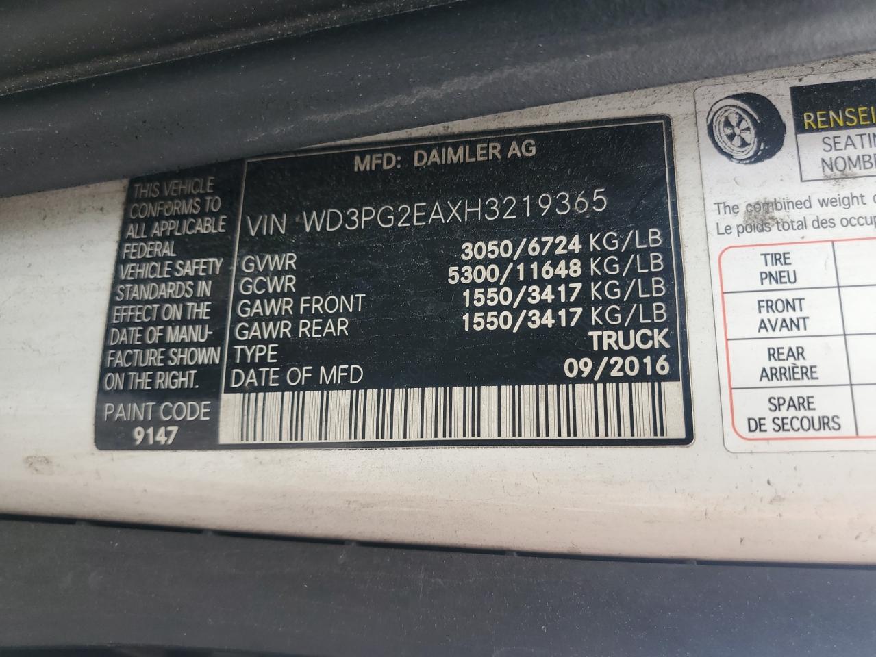 2017 Mercedes-Benz Metris VIN: WD3PG2EAXH3219365 Lot: 55836705