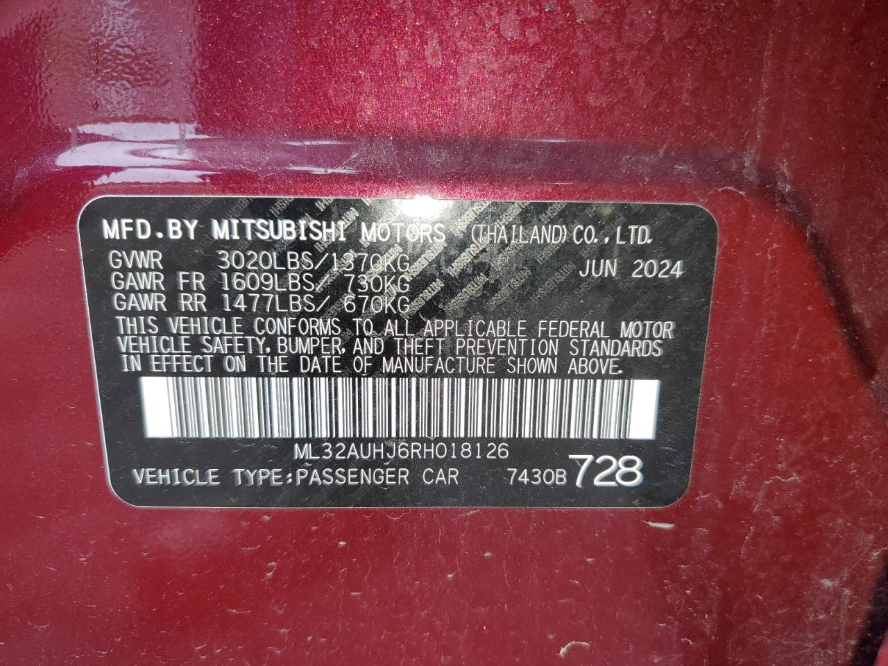 2024 Mitsubishi Mirage Es VIN: ML32AUHJ6RH018126 Lot: 56736375