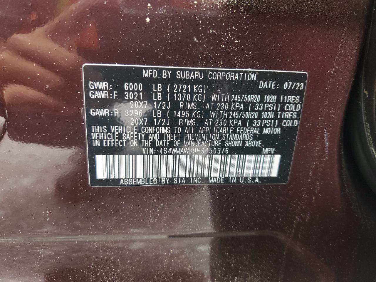 2023 Subaru Ascent Touring VIN: 4S4WMAWD9P3450376 Lot: 56631655