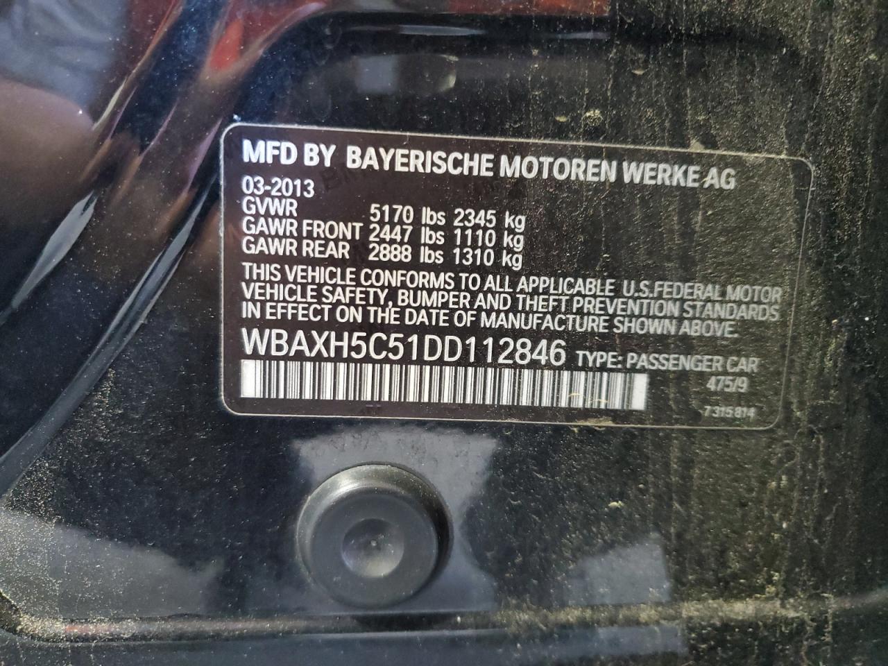 2013 BMW 528 Xi VIN: WBAXH5C51DD112846 Lot: 57757235
