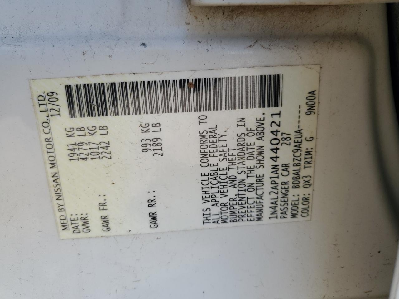 2010 Nissan Altima Base VIN: 1N4AL2AP1AN440421 Lot: 56064625