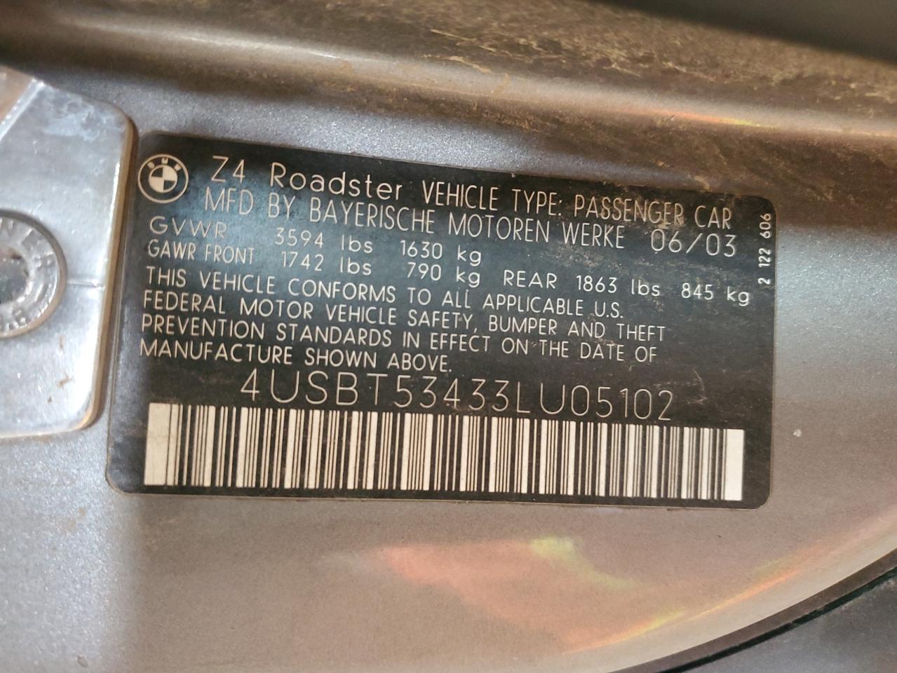 2003 BMW Z4 3.0 VIN: 4USBT53433LU05102 Lot: 52244135
