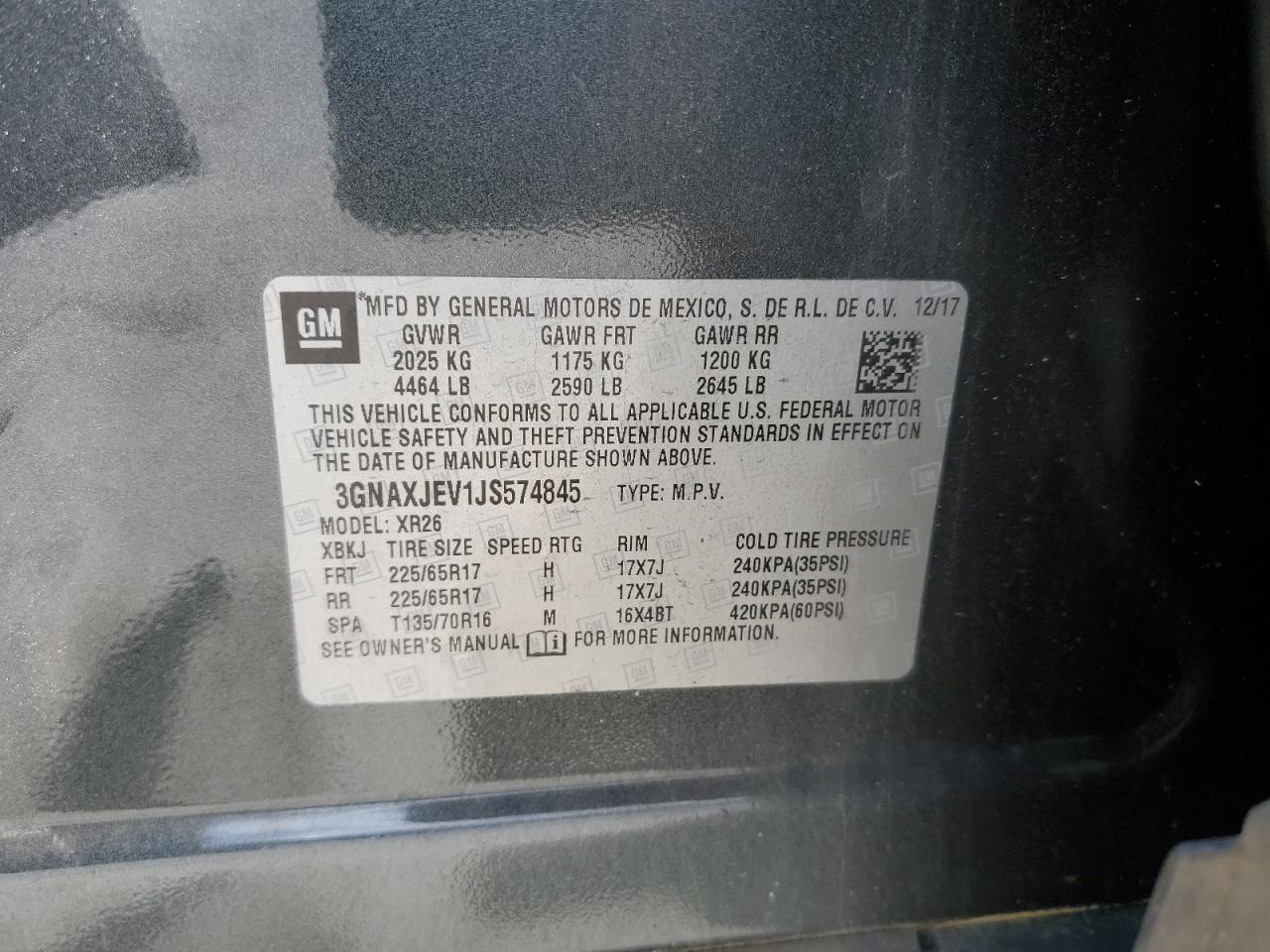 2018 Chevrolet Equinox Lt VIN: 3GNAXJEV1JS574845 Lot: 56745235