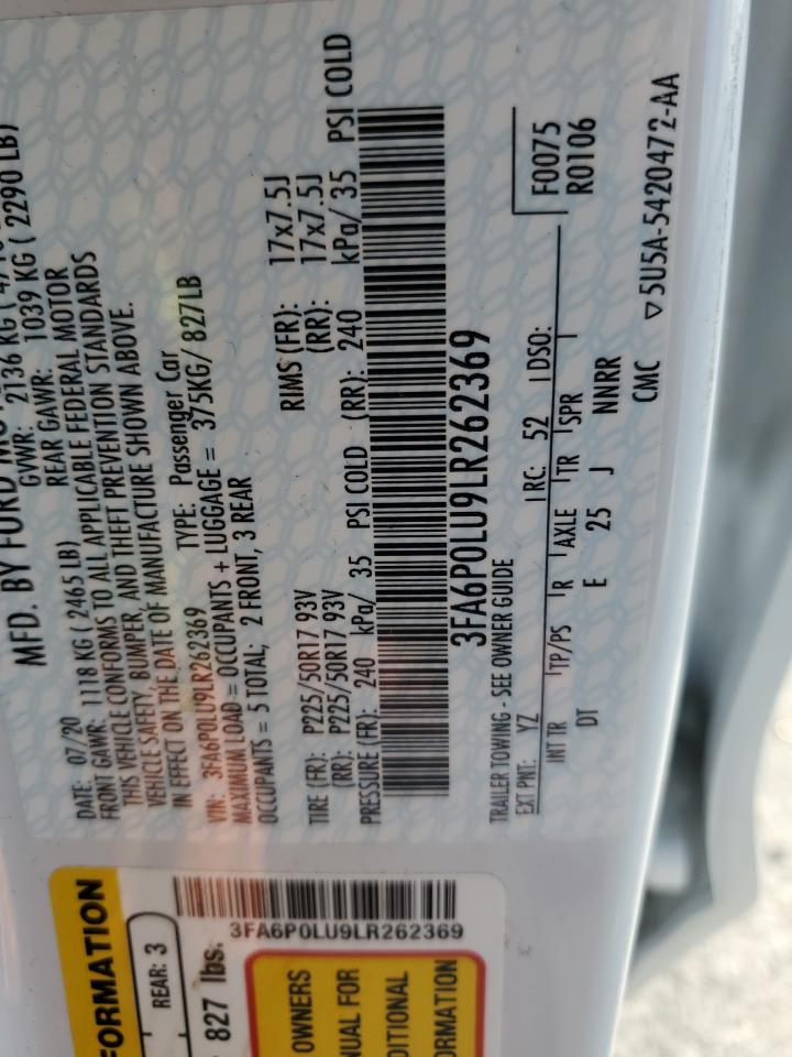 2020 Ford Fusion Se VIN: 3FA6P0LU9LR262369 Lot: 54032575