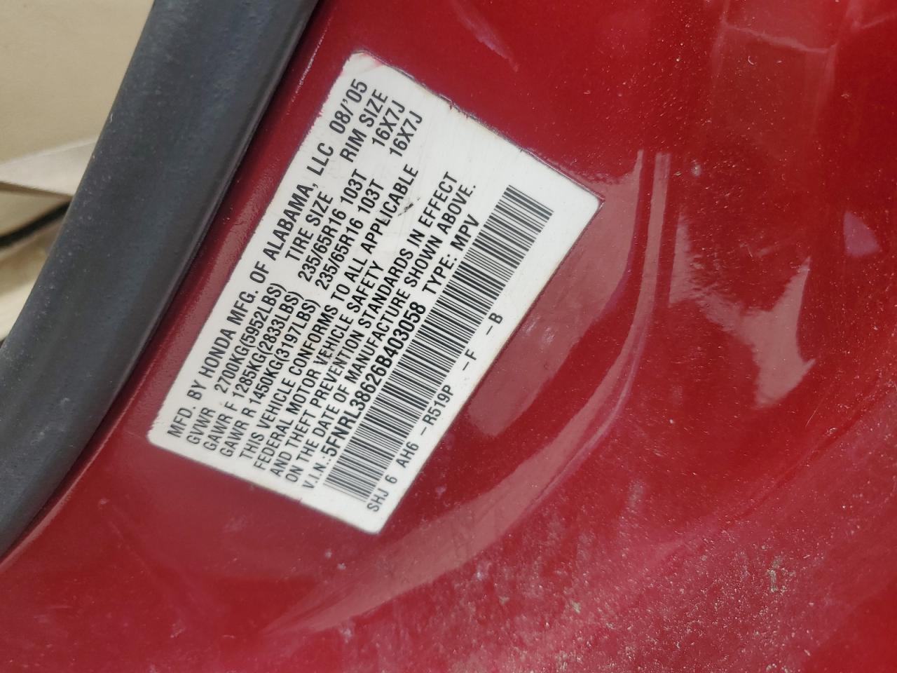 2006 Honda Odyssey Exl VIN: 5FNRL38626B403058 Lot: 56668815