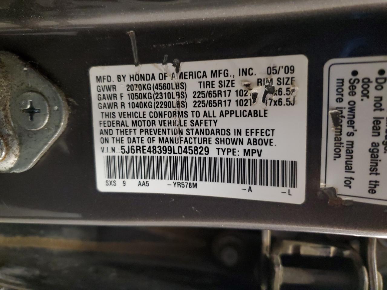 2009 Honda Cr-V Lx VIN: 5J6RE48399L045829 Lot: 56763075