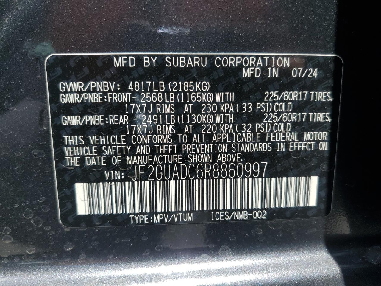 2024 Subaru Crosstrek Premium VIN: JF2GUADC6R8860997 Lot: 56731155
