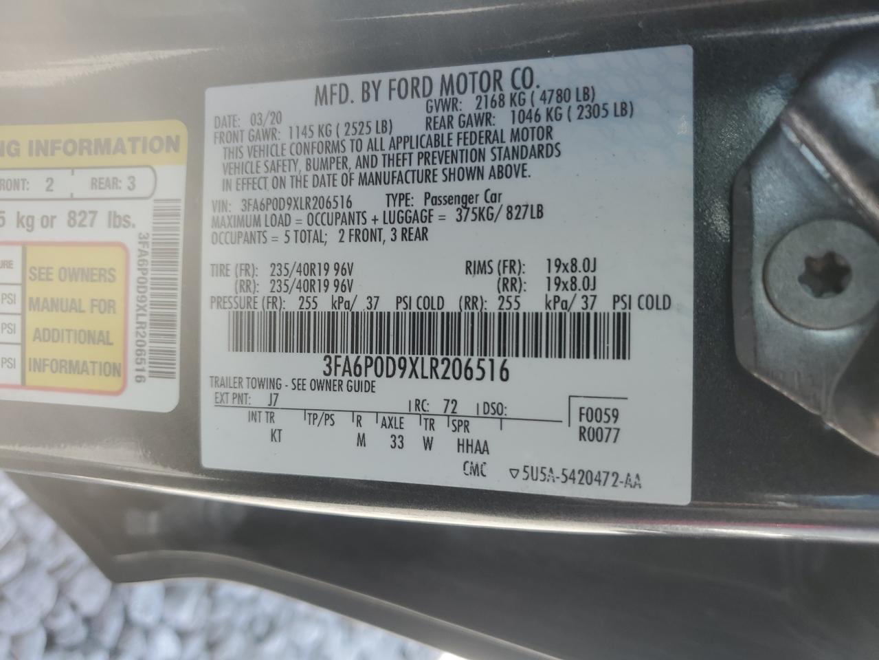 2020 Ford Fusion Titanium VIN: 3FA6P0D9XLR206516 Lot: 57875145