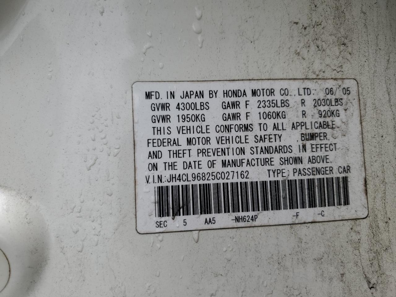2005 Acura Tsx VIN: JH4CL96825C027162 Lot: 56483175