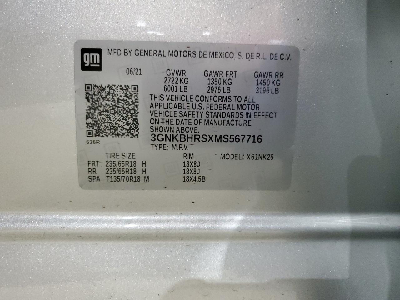 2021 Chevrolet Blazer 2Lt VIN: 3GNKBHRSXMS567716 Lot: 58415855