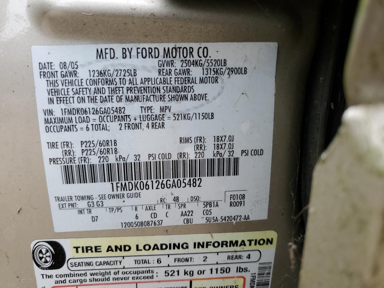 2006 Ford Freestyle Limited VIN: 1FMDK06126GA05482 Lot: 56470935