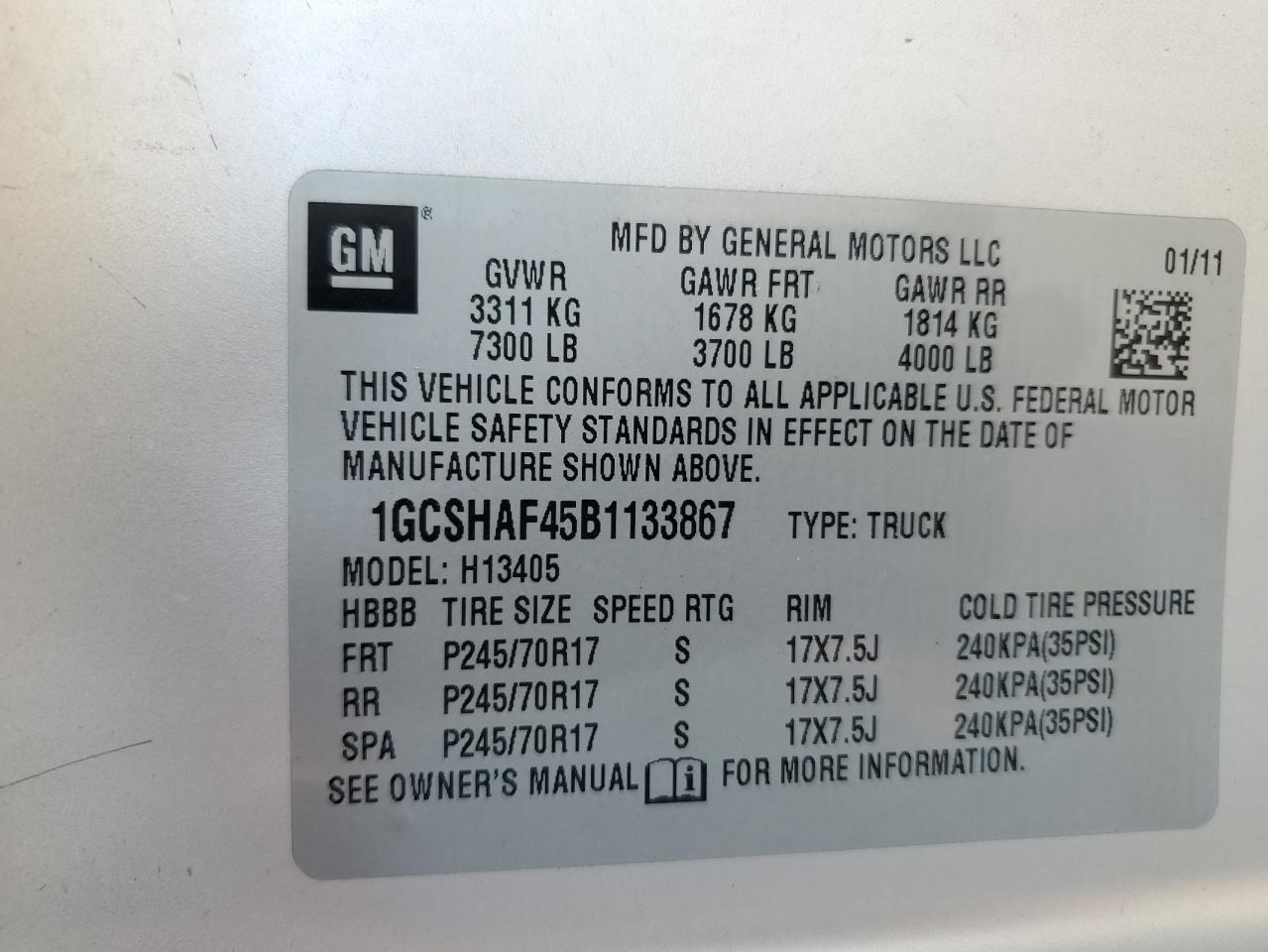 2011 Chevrolet Express G1500 VIN: 1GCSHAF45B1133867 Lot: 58553265