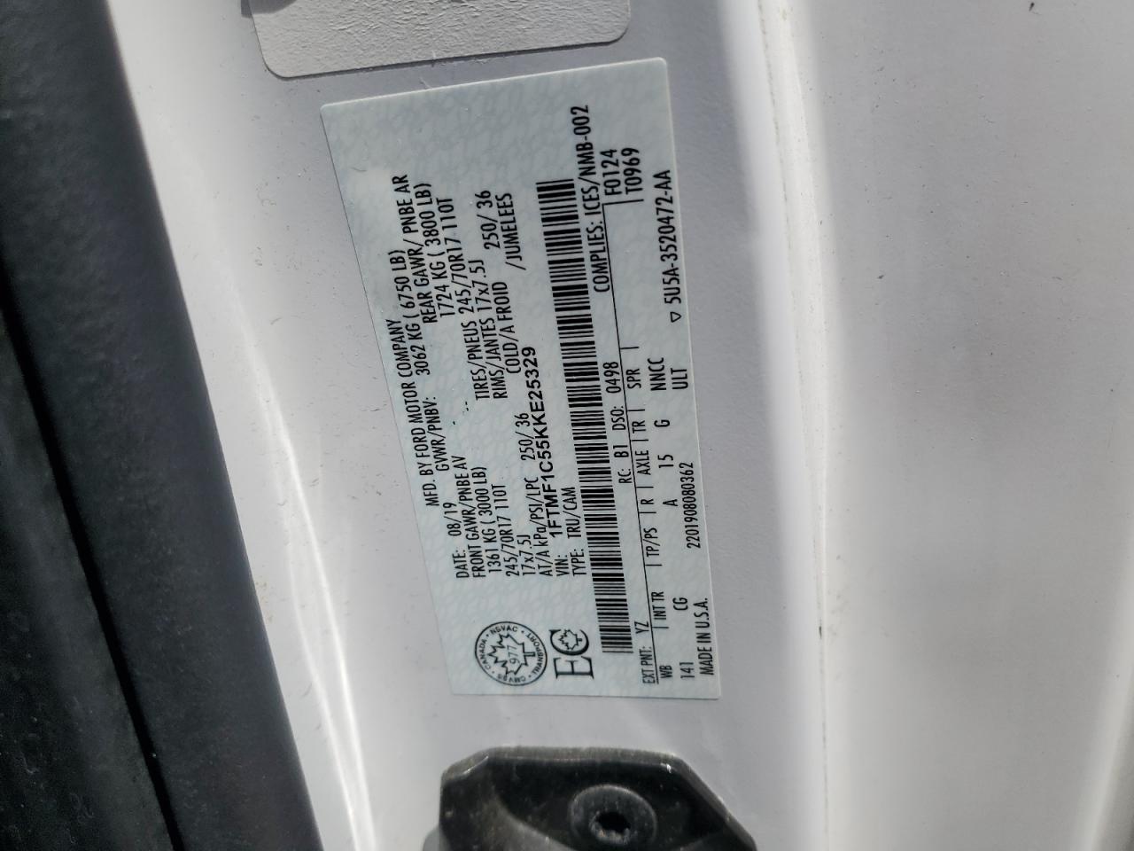 2019 Ford F150 VIN: 1FTMF1C55KKE25329 Lot: 56720065