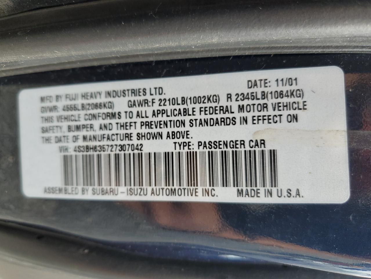 2002 Subaru Legacy L VIN: 4S3BH635727307042 Lot: 56173165