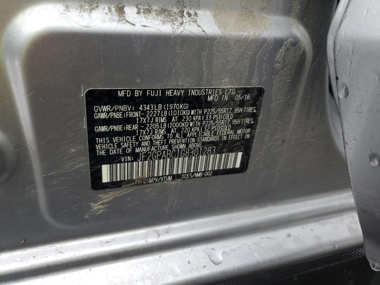2016 Subaru Crosstrek Premium VIN: JF2GPABC1G8301283 Lot: 56451655