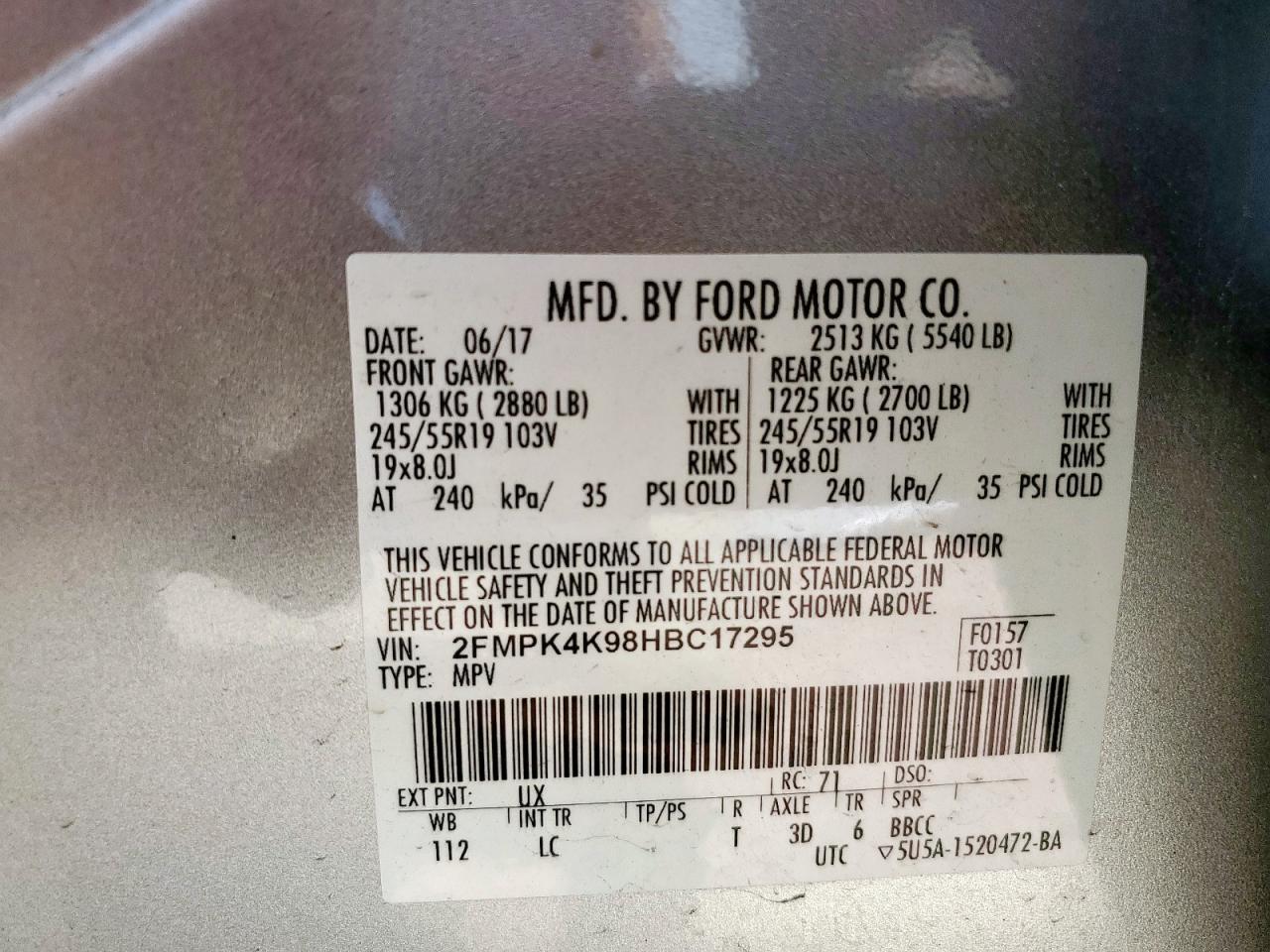 2017 Ford Edge Titanium VIN: 2FMPK4K98HBC17295 Lot: 58425765