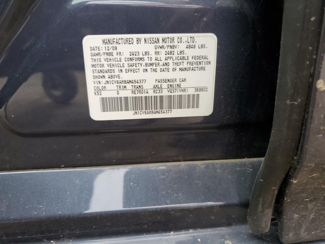 2010 Infiniti G37 VIN: JN1CV6AR8AM454377 Lot: 55886685