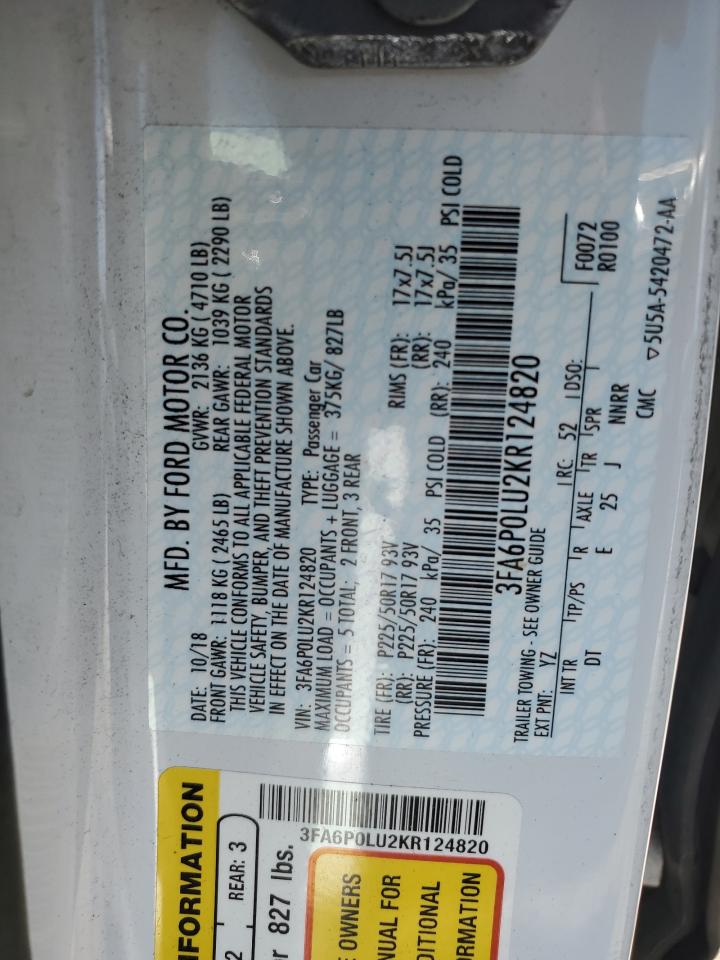 2019 Ford Fusion Se VIN: 3FA6P0LU2KR124820 Lot: 56826865