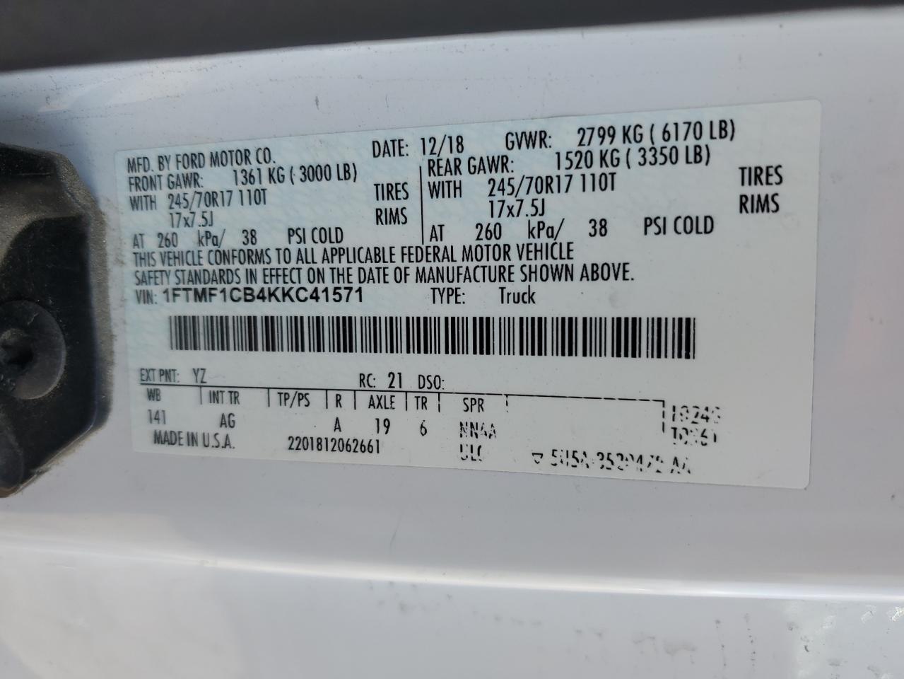 2019 Ford F150 VIN: 1FTMF1CB4KKC41571 Lot: 56915905