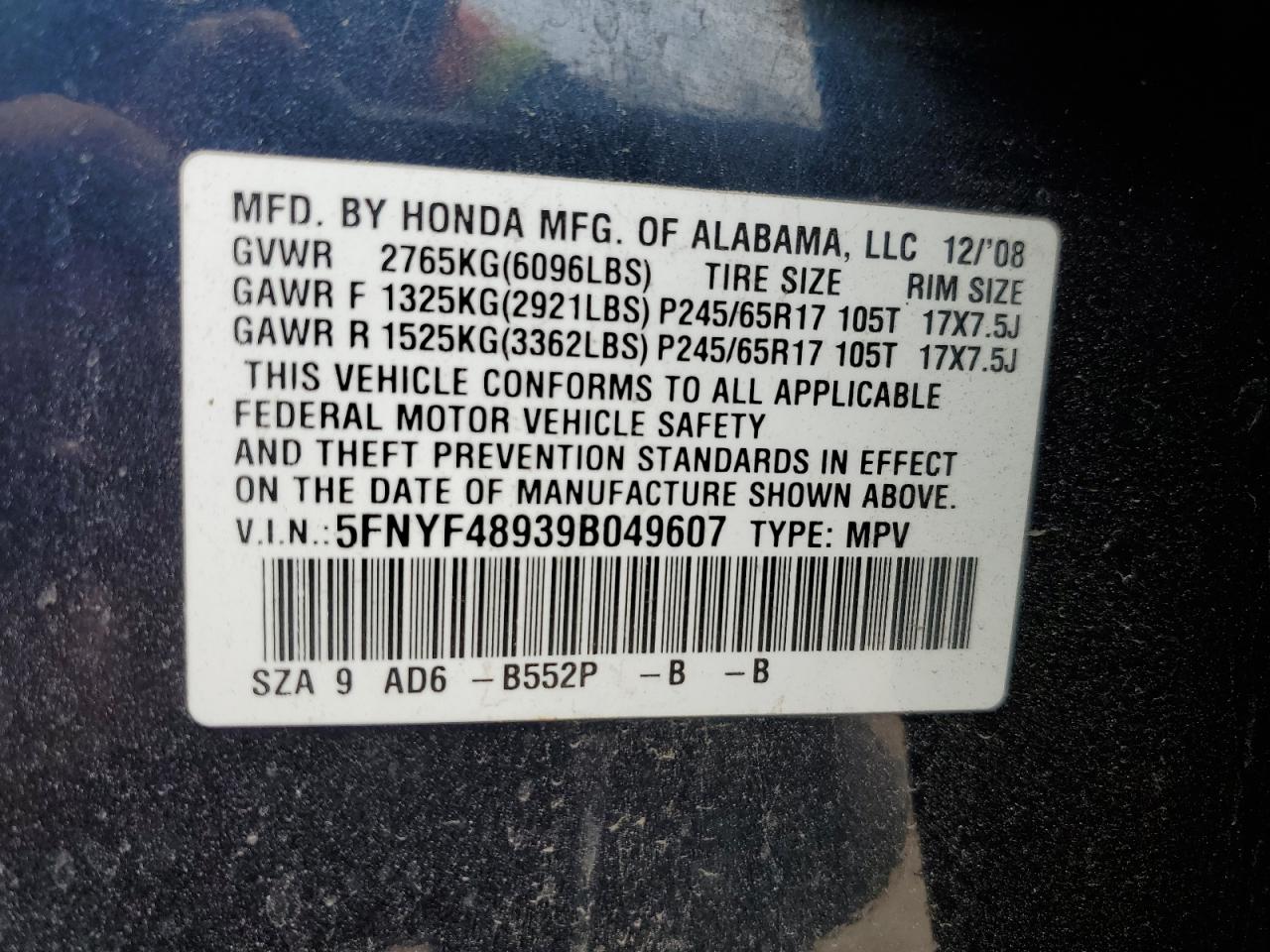 2009 Honda Pilot Touring VIN: 5FNYF48939B049607 Lot: 57707635