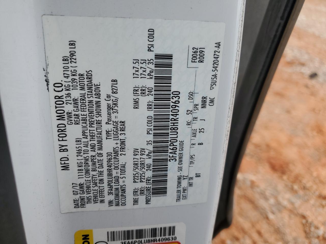 2017 Ford Fusion Se Hybrid VIN: 3FA6P0LU8HR409630 Lot: 54043365