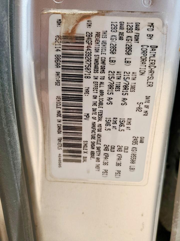 2002 Dodge Grand Caravan Sport VIN: 2B4GP44392R750718 Lot: 57644125